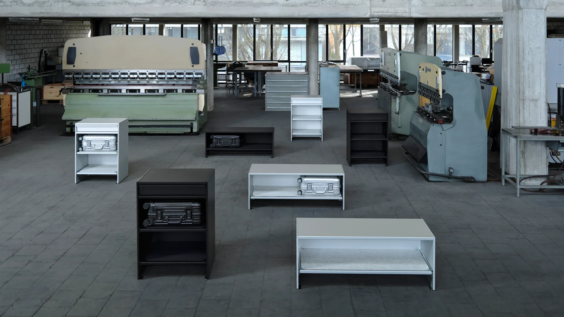 RIMOWA's workshop, cases in aluminum and polycarbonate on the production floor